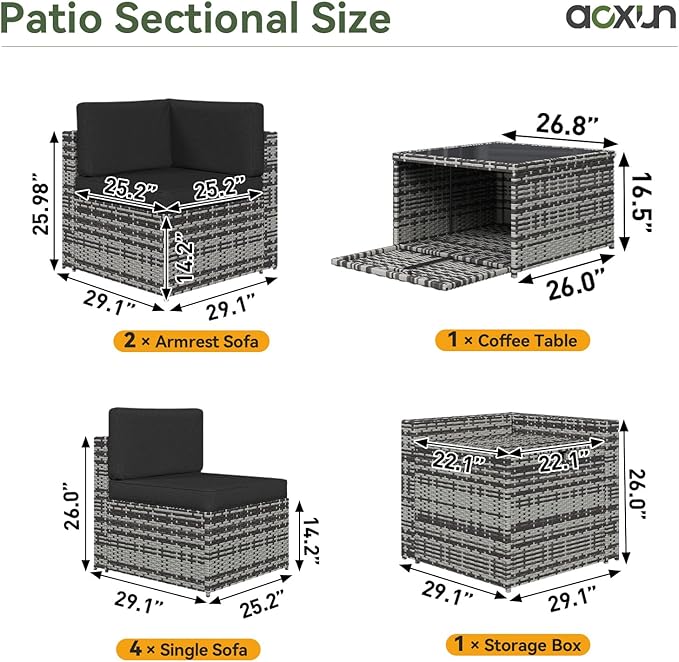 Aoxun 8 Piece Patio Furniture Set, Wicker Rattan Outdoor Furniture Set with Storage Box and Glass Top Table, Patio Sectional Set with Thickened Cushions and Include Waterproof Cover (Grey & Black)