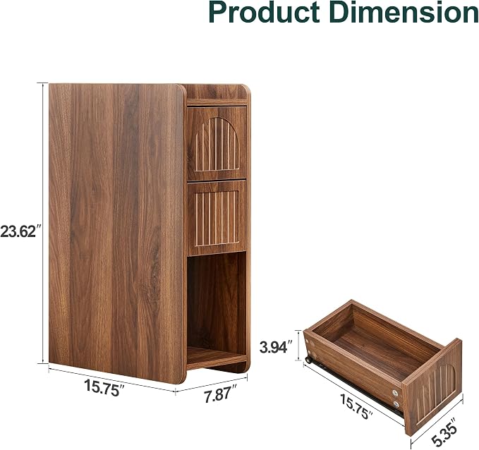 FurSch Fluted Narrow Nightstand & Skinny Bedside Table for Bedroom, Thin Night Stand Side End Table with 2 Drawers and Open Shelf for Small Spaces (Walnut-1 pc) - Image 2