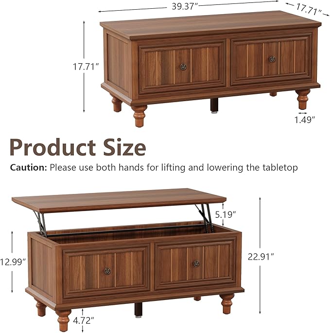 39" Lift Top Coffee Table, Wood Center Table with Storage, Retro Coffee Tables Rectangular Dining Table for Living Room Home Office Small Space (Walnut)