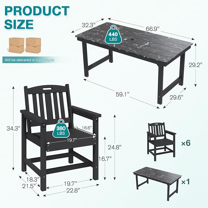 Mdeam 7-Piece HIPS Outdoor Dining Set, 66.9" Marble Texture Patio Table with Umbrella Hole, 440LBS Capacity, 6 Wider Chairs,Dining Table Set for 6, Outdoor Furniture with Galvanized Steel Frame, Black - Image 2