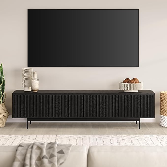 Henn&Hart Fluted TV Stand for TVs up to 85" with 2 Open-Concept Ribbed Storage Cabinets for Living Room, Family Room, or Office, Natural Black - Image 2