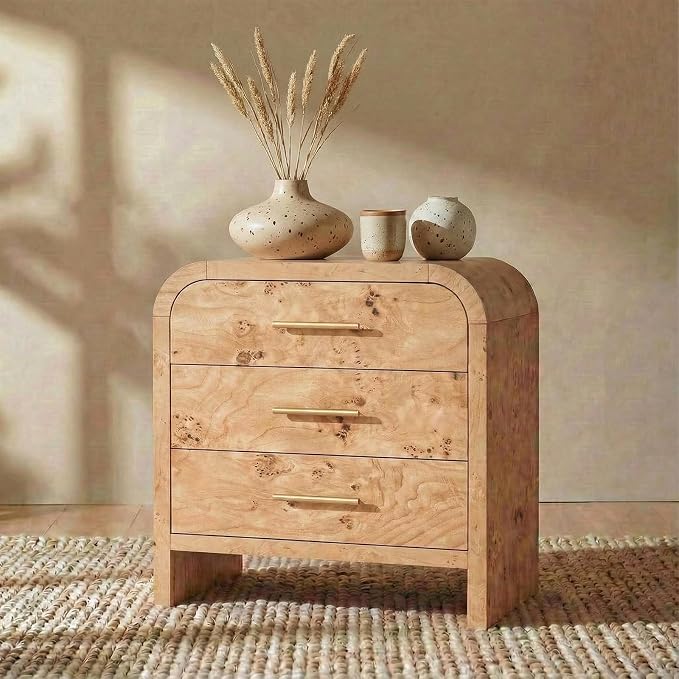 Night Stand [Unique Curved Profile] [FSC-Certified Wooden Board] 3-Drawer Nightstand 24" H Metal Handle Modern Bedside Table by TheBeautyofRusticRefined