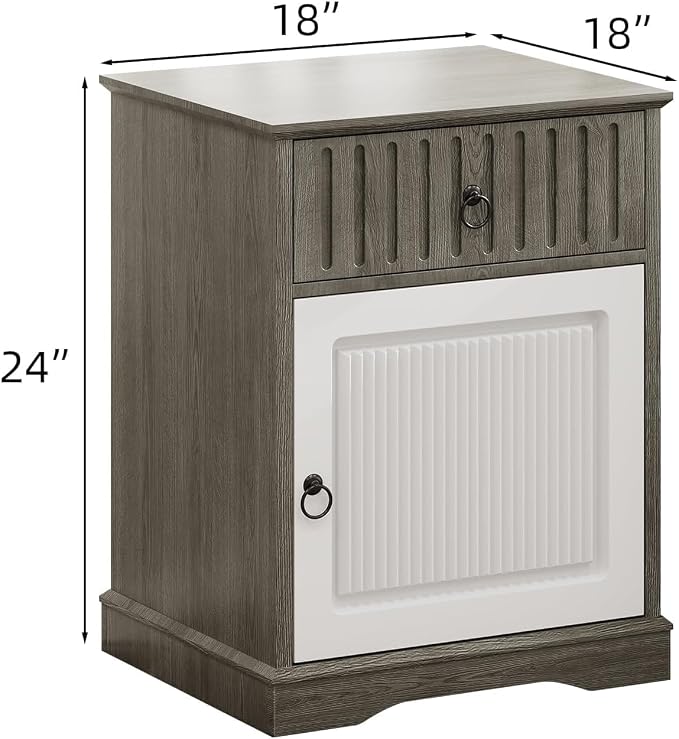 4ever2buy 18" Farmhouse Nightstand, Grey Night Stand with Storage, Wood End Table Bedside Table for Bedroom, Grey and White - Image 2