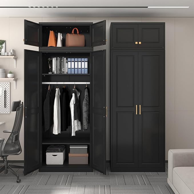 SteeLoong 86" Metal Armoire Wardrobe Closet with Doors,BlackTall Clothing Storage Cabinet with Adjustable Shelves and Hanging Rod,Wardrobe Closet for Bedroom,Home,Office,Gym