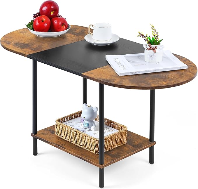 Shinoske Coffee Tables for Living Room,2-Tier Small Coffee Table Farmhouse Oval Center Table with Storage Shelf and Wood Tabletop,for Small Space,Home Office,Black & Brown
