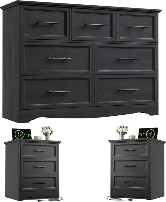 Bedroom Set, 3 Pieces Bedroom Furniture Set, Wood 7 Drawer Dresser and 3 Drawers Nightstands with Charging Station, Farmhouse Storage Organizer Cabinet for Bedroom, Black