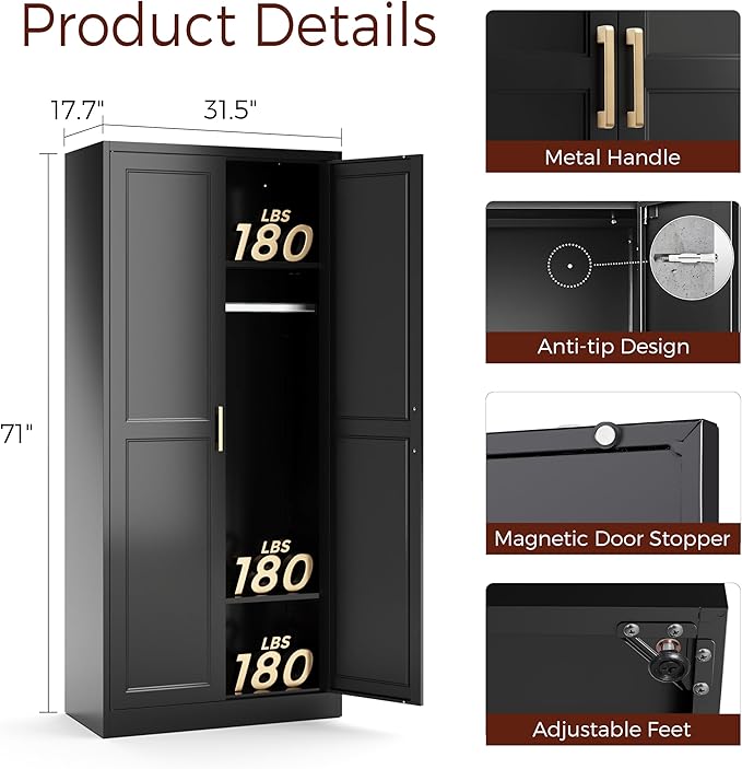 Metal Armoire Wardrobe Closet with 2 Doors, 71" Tall Wardrobe Closet with Doors, Hanging Rod, Drawers and Adjustable Shelves, Black Clothing Storage Cabinets for Bedroom, Home Office
