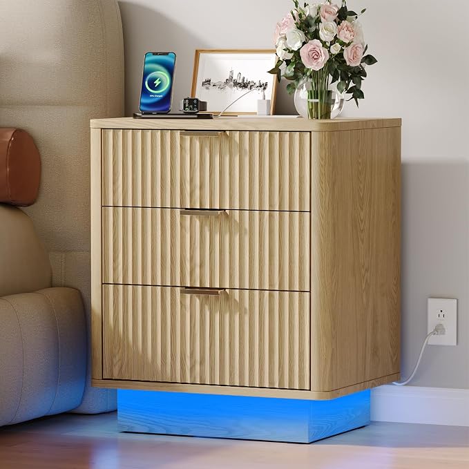 GOLDDAY Nightstand with Charging Station & LED Light, 3-Drawer Bedside Table with Outlets, Modern End Table, for Bedroom, Home Office, 1Pcs, Natural by GOLDDAY