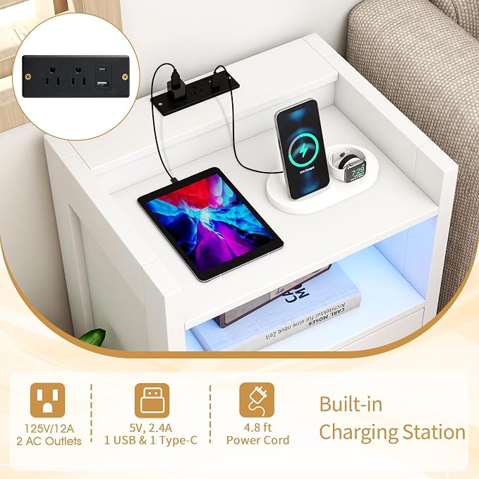 KOMFOTT Nightstand with LED Lights & Charging Station, 23.5” Smart Bedside Table with 2 Drawers & Open Storage Shelf, USB Port & Outlets, Modern End Side Table for Bedroom, White - Image 5
