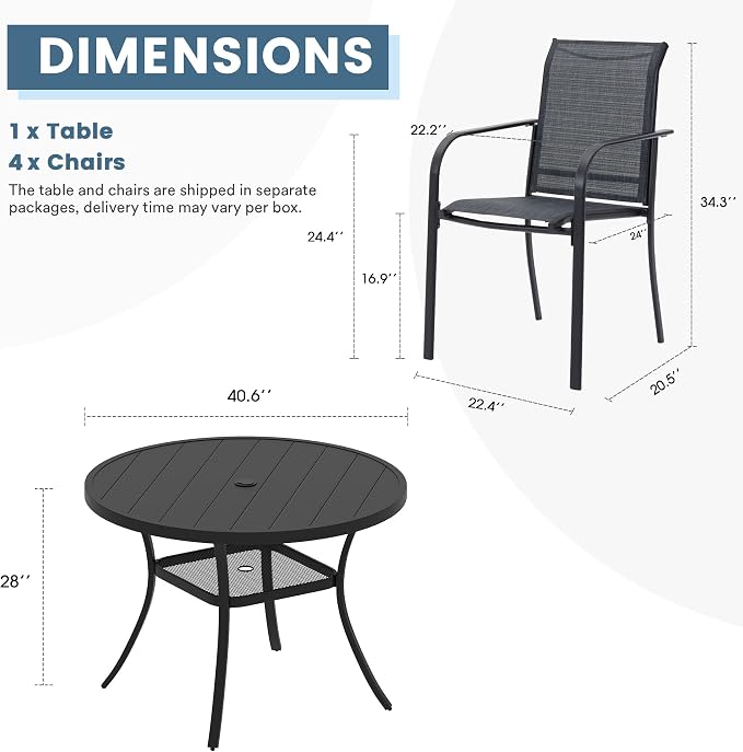 DIFY Outdoor Dining Set for 4, Patio Dining Furniture Set Includes 42" Black Round Table with Adjustable Umbrella Hole and 4 Grey Stackable Metal Chairs for Poolside, Garden, Backyard - Image 2