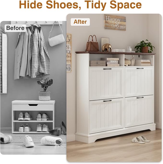 Shoe Storage Cabinet with 4 Flip Drawers, Farmhouse Modern Hidden Shoes Rack Cabinet with Adjustable Shelves & Open Storage, Narrow Slim Shoe Organizer for Front Door Entrance, Entryway, Antique White - Image 4