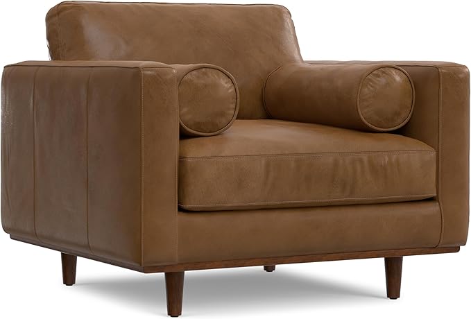 SIMPLIHOME Morrison Arm Chair - 42 inch Wide Upholstered Genuine Leather Mid-Century Modern Accent Chair in Caramel Brown with Solid Wood Legs, Reversible Bolster Pillows and Reclined Back
