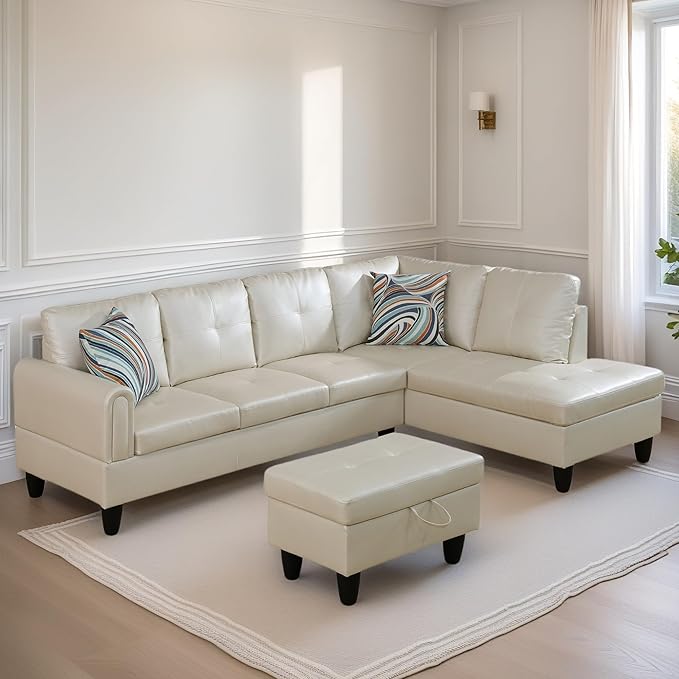 FONTOI L Shaped Sectional Couches for Living Room, Leather Couch Modular Sectional Sofa with Ottoman Storage, Modern L Shaped Couch with Chaise for Bedroom Apartment Furniture, White