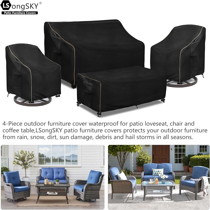 Patio Furniture Covers 4 Piece Set, 600D Heavy Duty Outdoor Furniture Covers Waterproof for Patio Loveseat, Swivel Rocker Chair and Coffee Table,Black - Image 3