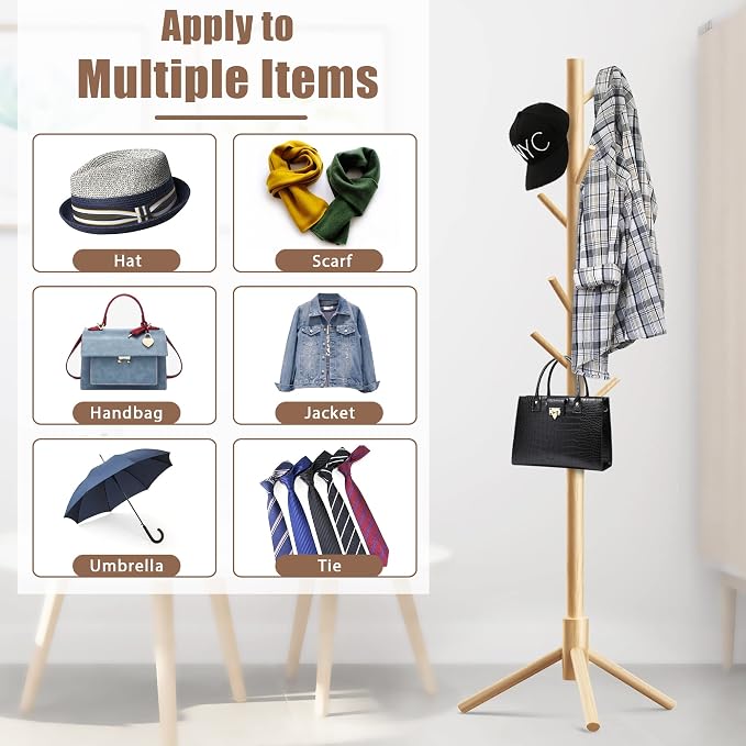 Haddockway Wooden Coat Rack Stand with 8 Hooks New Zealand Pine 3 Adjustable Coat Standing Tree Easy Assembly for Coats, Hats, Scarves and Handbags for Entryway, Hallway, Bedroom, Office - Image 6