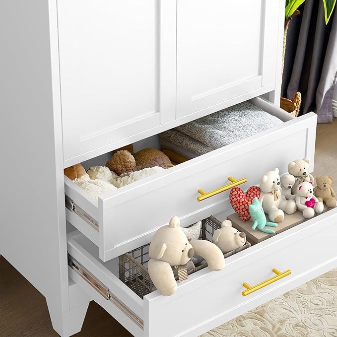 71" Metal Armoire Wardrobe Closet with 2 Drawers, Freestanding Arched 2-Door Tall Clothing Storage with Adjustable Shelves and Hanging Rod for Bedroom Dorm, White