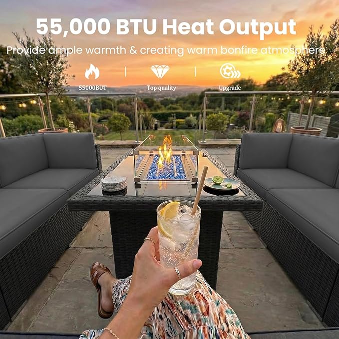 10 Pieces Patio Furniture Set with 44" Propane Gas Fire Pit Table, Outdoor Sectional Wicker Conversation Sofa Sets with Coffee Table