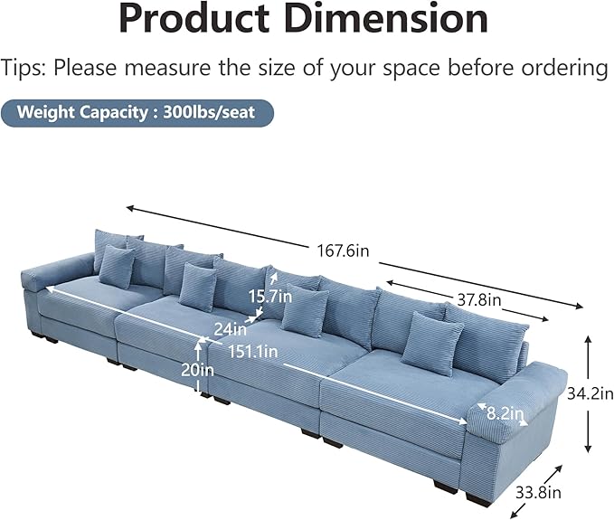 KEIKI 168" Oversized Corduroy Modular Cloud Sectional Sofa with High-Density Foam Cushions, Extra-Thick Armrest, Upholstered Modern 4-Seater Fluffy Corner Couch with 12 Pillow, for Living Room, Blue