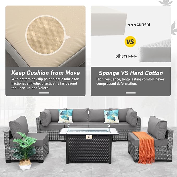 7 Pieces Wicker Patio Furniture Set Rattan Outdoor Sectional Conversation Sofa Set with Fire Pit Table Non-Slip Cushions and Furniture Cover, Light Grey