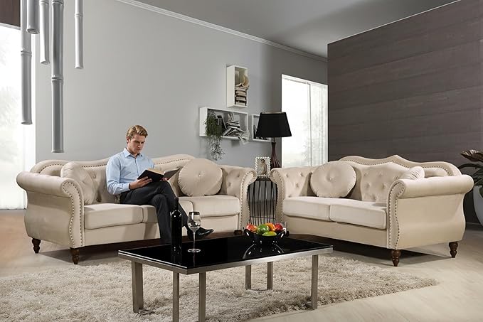 Anna1 Chesterfield Velvet Couches for Living Room, Button Tufted Luxury Upholstery with Rolled Arms, High-Density Foam, Durable Wood Frame, 65.5" Loveseat, Ivory