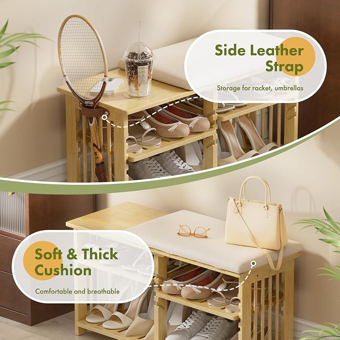 Amazer Bamboo Shoe Rack Bench, 3-Tier Shoe Bench Height Adjustable, Entry Bench with Side Storage Strap, Shoes Organizer Storage Bench, Shoe Shelf with Seat Cushion for Entryway, Living Room, Hallway - Image 6