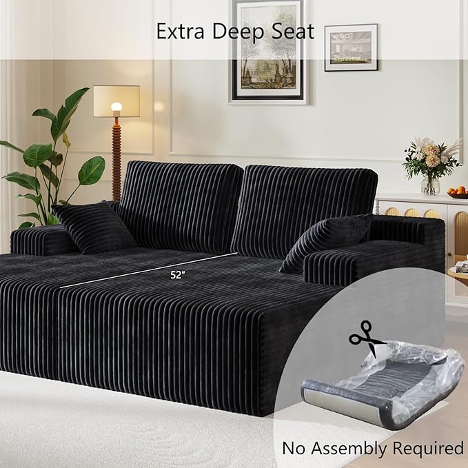 106" Boneless Couches for Living Room, Modular Sectional Sofa, L-Shape Sofa Couches,Cloud Couch Sectional, Comfy Corduroy Sofa, with Deep Seat, No Assembly Required (Black, Loveseat Chaise)