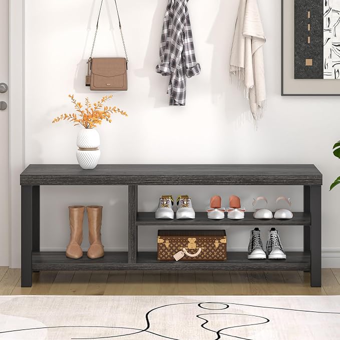 FOLUBAN Entryway Bench with Shoe Storage, Vintage End of Bed Bench, Rustic Wooden Entry Bench for Hallway Front Door Entrance, Industrial Indoor Bench for Bedroom Living Room, Dark Gray, 47 Inch - Image 7