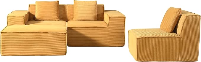 Compressed Sofa L Sectional, 112" Modular Cloud Couch with Ottoman, 23.2" Deep Seat Corduroy High-Back L-Shaped Sectional for Living Room/Bedroom, No Assembly, Ginger Yellow