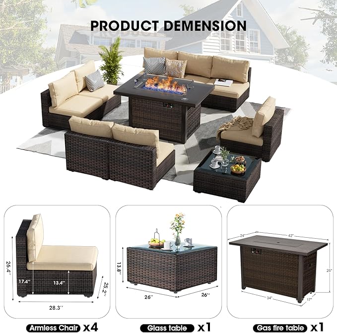 Patio Furniture Set with Fire Pit Table 10 Piece All Weather PE Rattan Outdoor Sectional Sofa Couch with 8 x armless sofa, No-Slip Cushions and Glass Top Table for Garden, Poolside, Backyard (Beige)