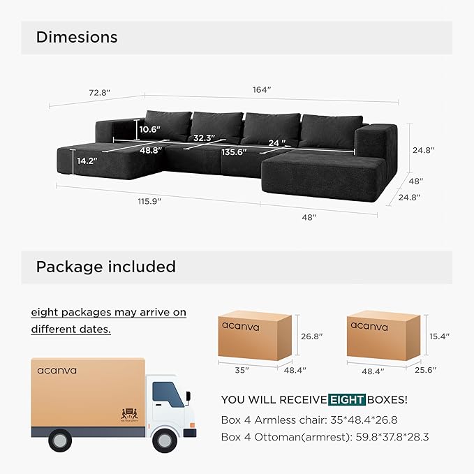 Acanva Oversized Modular Sectional Sofa with Removable Washable Slipcovers, Modern Low Profile Deep Seat Couch for Living Room, Chenille-Black, 4 Armless Chairs & 4 Armrests/Ottomans