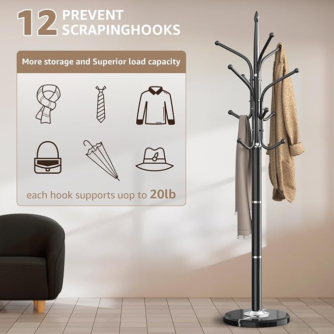 HzTinT Heavy Duty Coat Rack with Marble Base, Freestanding Hall Coat Tree with 12 Hooks and 3 Adjustable Sizes, Metal Coat Rack Stand for Entryway, Bedroom, Office Hanging Purses, Coats, Scarves, Hats - Image 2