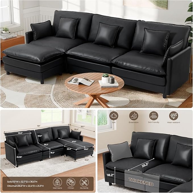 L Shaped Cloud Sofa, 4-Seater Modular Couch with Double Layer Upholstered Seat Cushion, PU Sleeper Sofa with Ottoman & Pillows, Comfort Couches for Living Room, Bedrooms & Apartments, Black