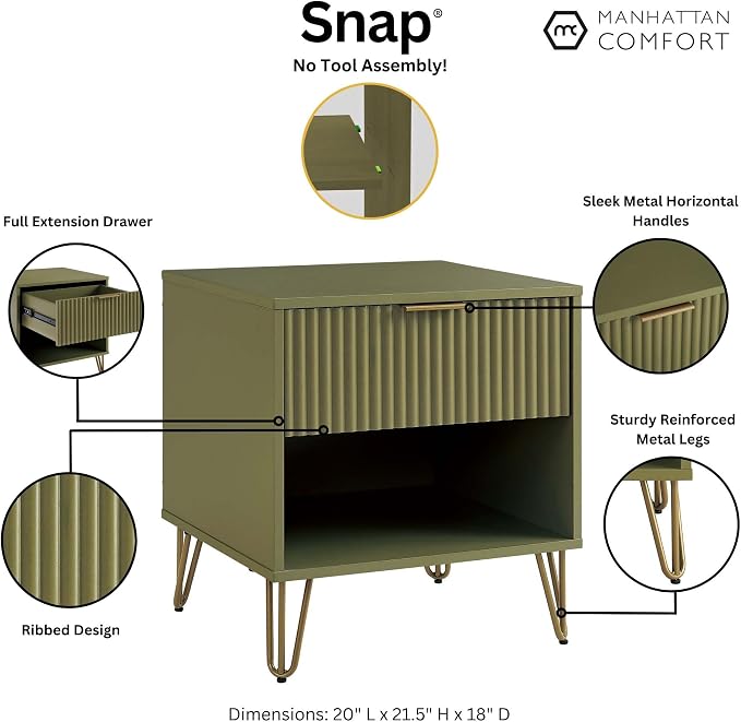 Manhattan Comfort Dumbo Modern Nightstand 1.0 with 1 Drawer and Metal Feet | Splayed Gold Legs | Vertical Ribbed Design | No Tool Assembly Storage for Bedroom & Living Room, Set of 2, Olive Green - Image 4