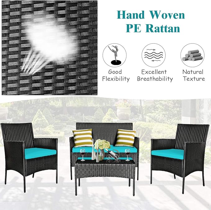 8 Pieces Patio Furniture Set, Outdoor Conversation Set with Ergonomic Curved Backrest, Patio Chair Set with Water-Resistant Cushion & Tempered Glass Table for Balcony,Porch(Turquoise)