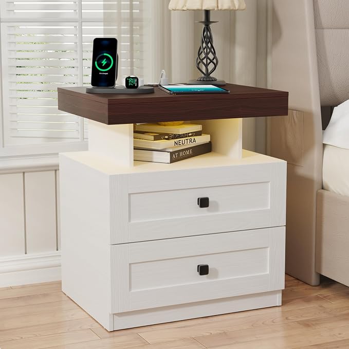 MHOM Farmhouse LED Nightstand with Charging Station, Bedroom Side Table with Drawers, Rustic End Table for Bedroom, Antique White - Image 4