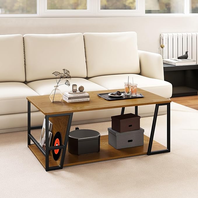 Giantex Modern Coffee Table with Storage, 2-Tier Rustic Wood Center Table with Shelf, Compartment, Metal Frame, Rectangular Geometric Living Room Table for Apartment (Oak)
