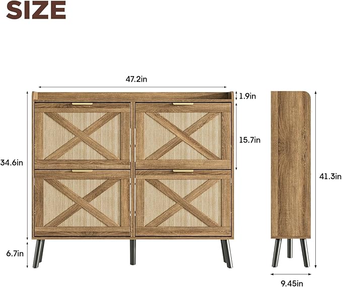 Maupvit Large Shoe Storage Cabinet with 4 Flip Drawers, Narrow Shoe Cabinet for Entryway with Wooden Legs, Freestanding Hidden Shoe Rack Organizer ＆ Metal Hinges, Rustic Oak Rattan - Image 2