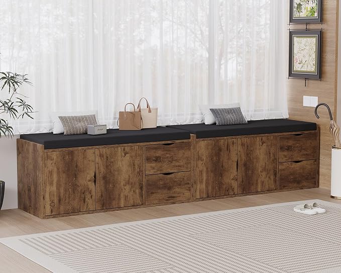 LVB Entryway Shoe Bench, Rustic Storage Bench with Cushioned Seating, Long Hidden Shoe Organizer Bench with 2 Drawers, Industrial Wooden Shoe Benchs in Hallway Living Room Bedroom, Rustic Brown, 40in - Image 9