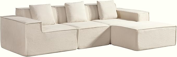 Rowan Convertible Corduroy Sectional Couch with Ottoman & Pillows, Modular L Shaped Sleeper Sofa, Boneless Cloud Couch for Living Room Furniture, Beige