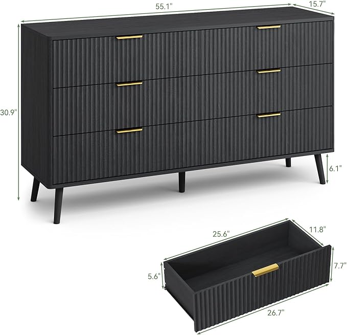 LYNSOM Fluted Dresser and Nightstand Sets 4 Piece, 2-Drawer Nightstands and 5/6 Drawers Dresser, Wood Bedroom Furniture Set for Home, Bedroom, Black