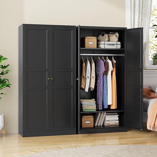 Metal Wardrobe Closet Cabinet,Armoire Wardrobe Closets Storage Cabinets with Doors and Shelves for Laundry Room,Bedroom,Home Office,Bathroom(Black
