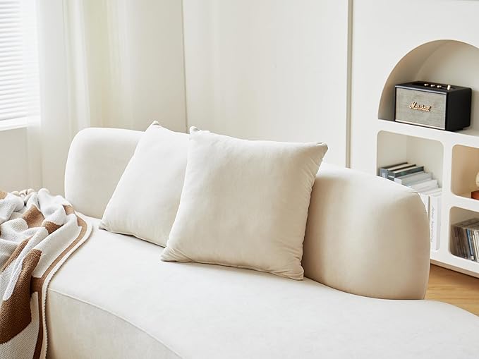90" Curved Sofa with Throw Pillows, 4 Seater Luxury Velvet Couch with Half Moon Design and High-Density Foam, Ideal for Modern Living Room, Office & Apartment, Ivory White