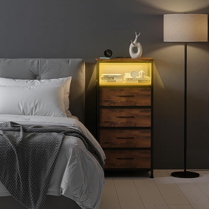 DUMOS Nightstand with Charging Station, Bedside End Table with 4 Fabric Drawers & USB/Type-C Ports and Outlets, Night Stand for Bedroom Furniture, Adjustable Feet and Variable Light Strip, Rust - Image 2