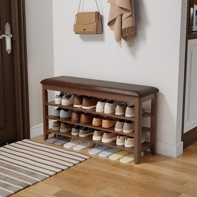 AQIMUELE Shoe Bench with Leather Cushion, 3 Tiers Shoe Storage Bench Height Adjustable, Walnut Wood Entryway Bench for Hallway, Mudroom by AQIMUELE