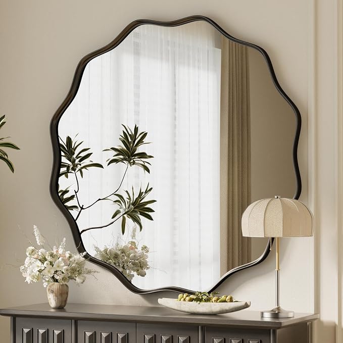 VooBang Black Scalloped Circle Mirror, 36" Wavy Edge Round Wall Mirror with Tempered Glass Textured Circular Metal Deep Frame, Hanging Leaning for Bathroom, Hallway, Entryway, Livng Room - Image 7