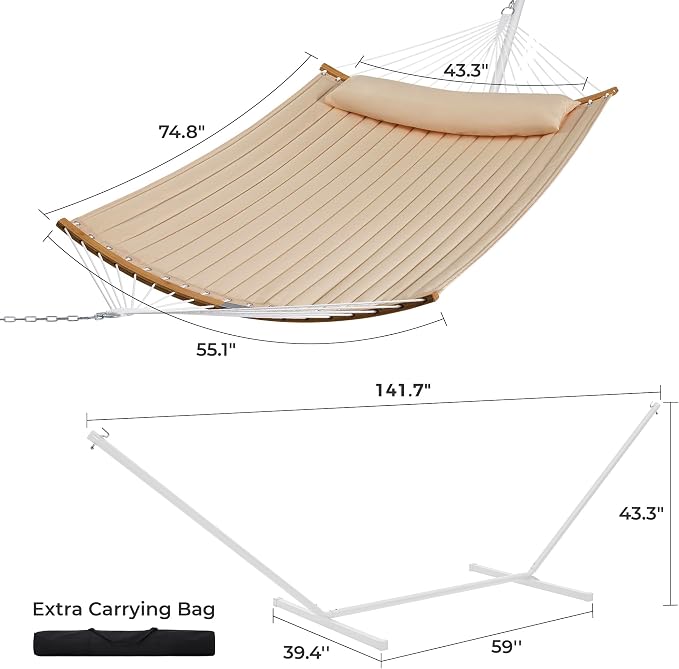 SUPERJARE Hammock with Stand, 2 Person Heavy Duty Hammock with Padded Cotton, Detachable Pillow & Strong Curved-Bar & Portable Carrying Bag, Perfect for Outdoor & Indoor, Beige - Image 8
