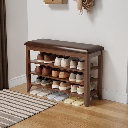 AQIMUELE Shoe Bench with Leather Cushion, 3 Tiers Shoe Storage Bench Height Adjustable, Walnut Wood Entryway Bench for Hallway, Mudroom by AQIMUELE