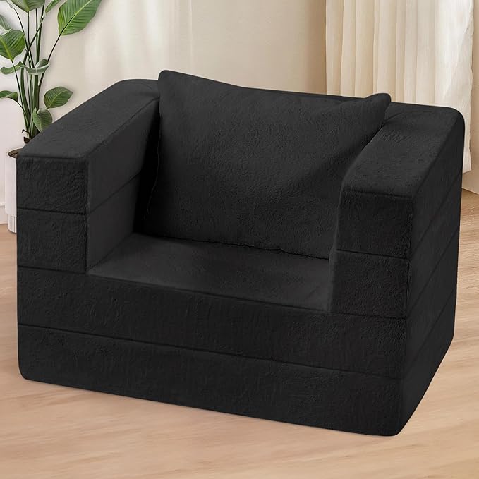 Futon Sofa Bed with Pillow, 3-in-1 Sleeper Sofa Bed with Removable Cover, Convertible Floor Sofa Bed, No Assembly Boneless Couch for Living Room, Bedroom