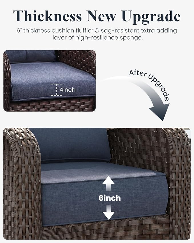 LayinSun 5 Piece Wicker Outdoor Furniture Set with 6-inch Comfy Cushions, High Back Patio Furniture Set with Swivel Rocking Chairs and Side Table