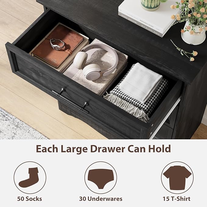Bedroom Set, 3 Pieces Bedroom Furniture Set, Wood 4 Drawer Dresser and 3 Drawers Nightstands with Charging Station, Farmhouse Storage Organizer Cabinet for Bedroom, Black